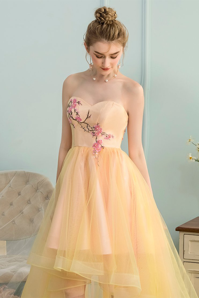 A-Line Satin Lesly Homecoming Dresses Sweetheart High Low Yellow Stretch With Appliques