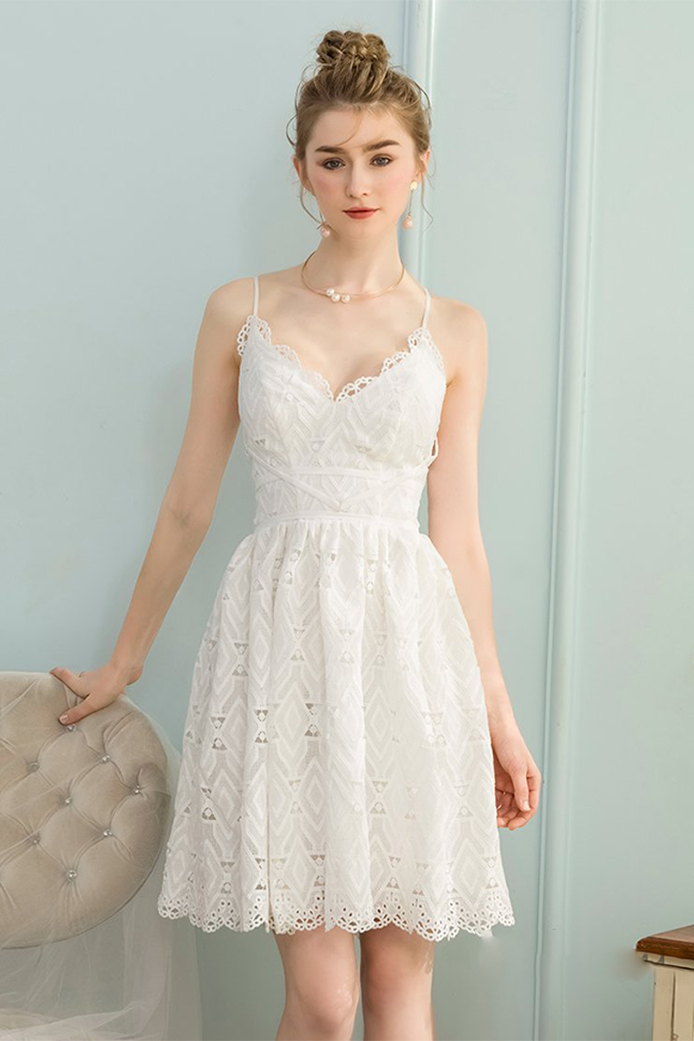 A-Line Homecoming Dresses Lace Jade V-Neck Sleeveless Short White