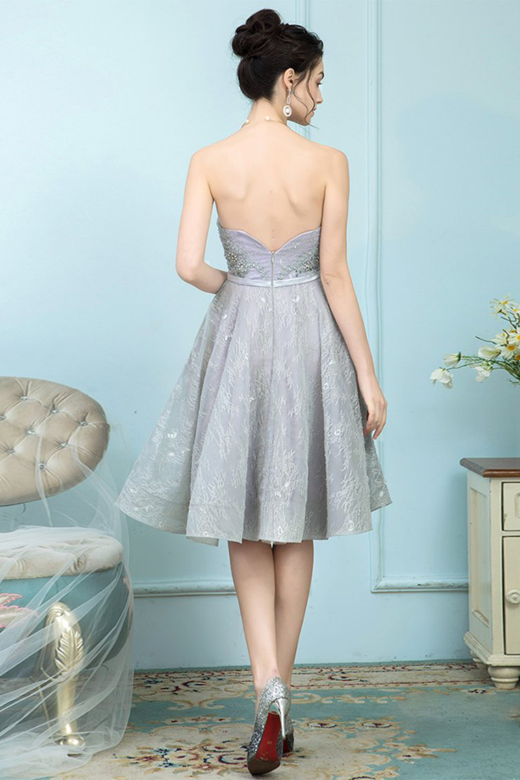 A-Line Strapless Grey Ball Gown With Lace Lacey Homecoming Dresses Rhinestones