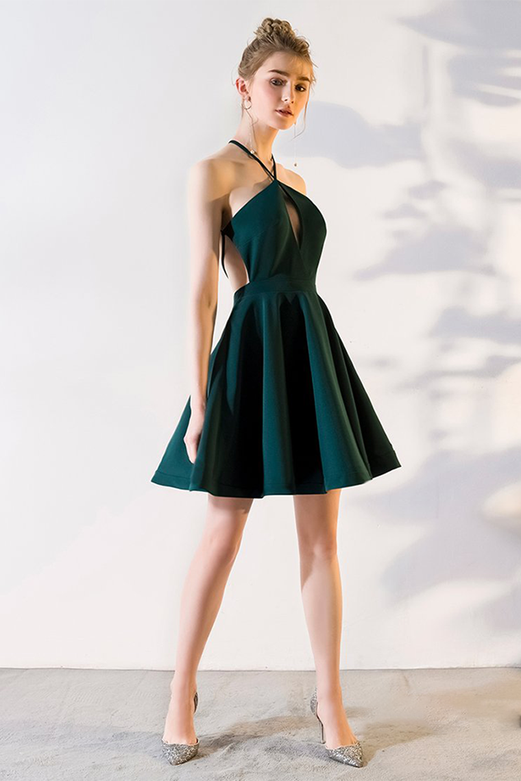 A-Line V-Neck Knee-Length Patsy Homecoming Dresses Satin Hunter