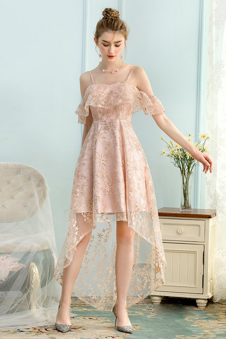 Lace Pink Homecoming Dresses Julia High Low A-Line Spaghetti Straps Ice