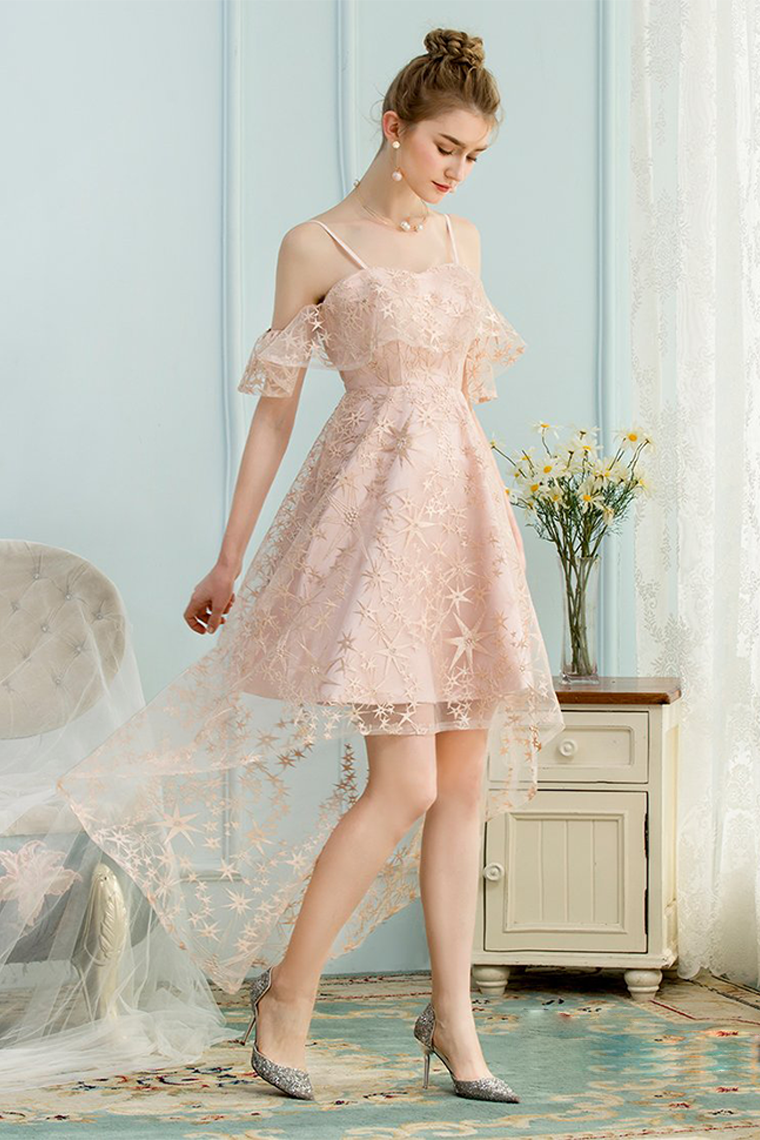 Lace Pink Homecoming Dresses Julia High Low A-Line Spaghetti Straps Ice