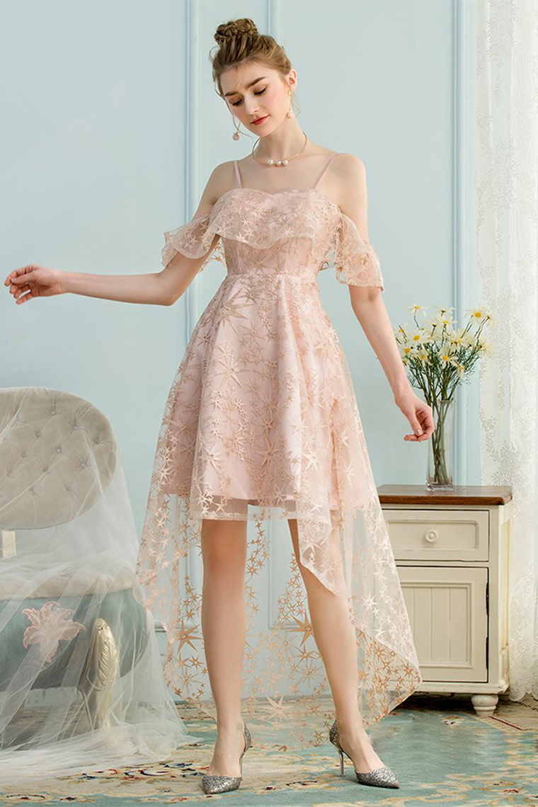 Lace Pink Homecoming Dresses Julia High Low A-Line Spaghetti Straps Ice