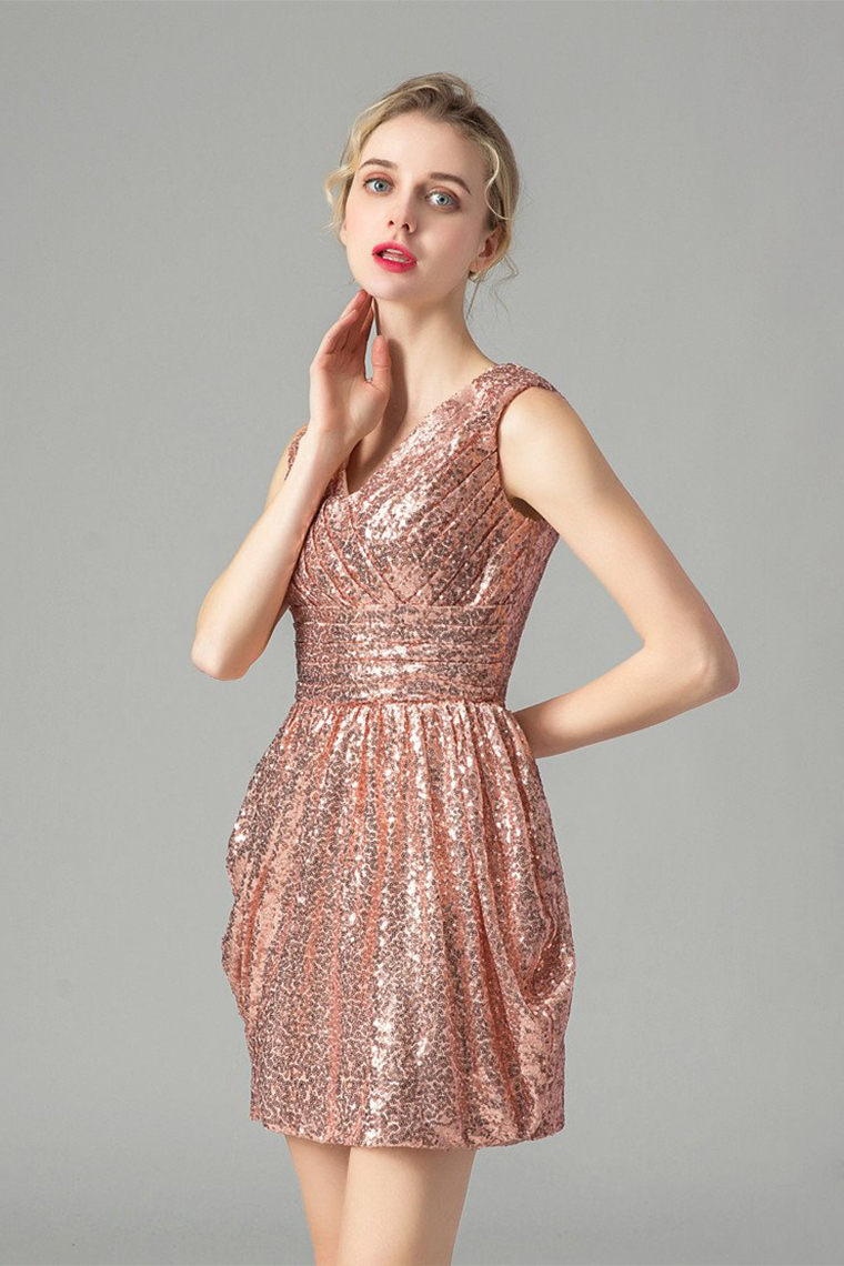 Sexy A-Line V-Neck Homecoming Dresses Paulina Pink Backless Short Sequins