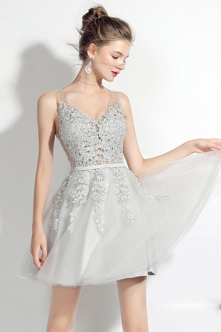 A-Line V-Neck Grey Homecoming Dresses Paris With Sash Appliques