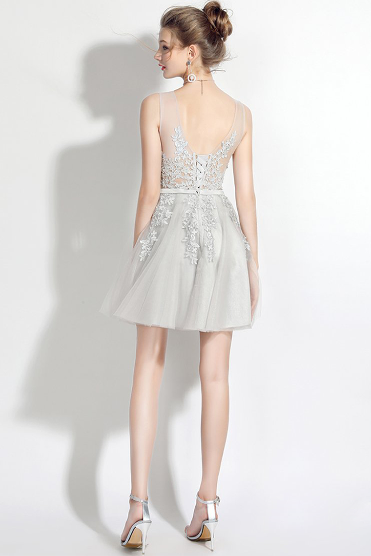 A-Line V-Neck Grey Homecoming Dresses Paris With Sash Appliques