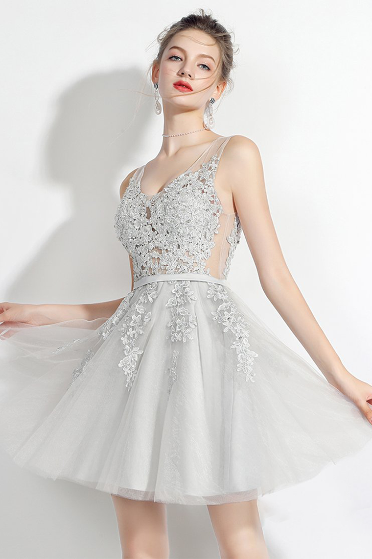 A-Line V-Neck Grey Homecoming Dresses Paris With Sash Appliques