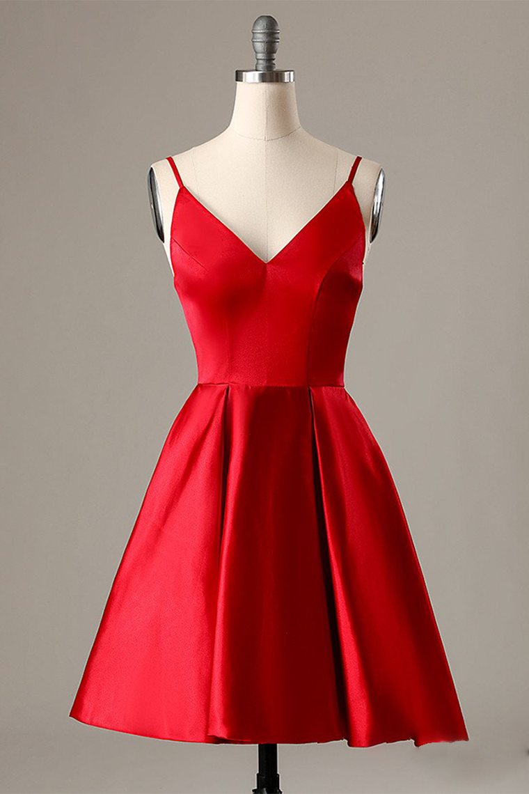 A-Line Spaghetti Straps Short Red Nathalie Homecoming Dresses With Pockets