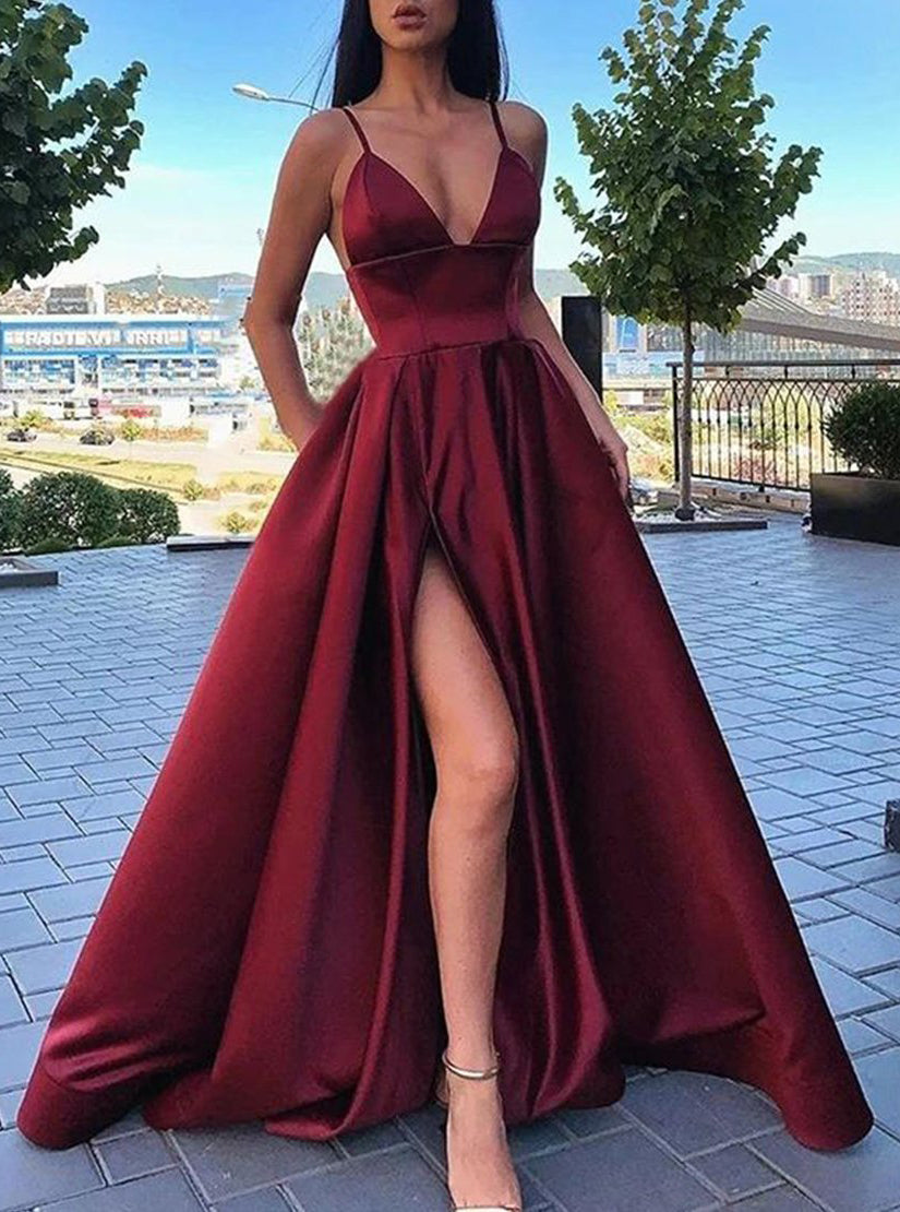 Simple A Line V-Neck Burgundy Split Prom Dresses