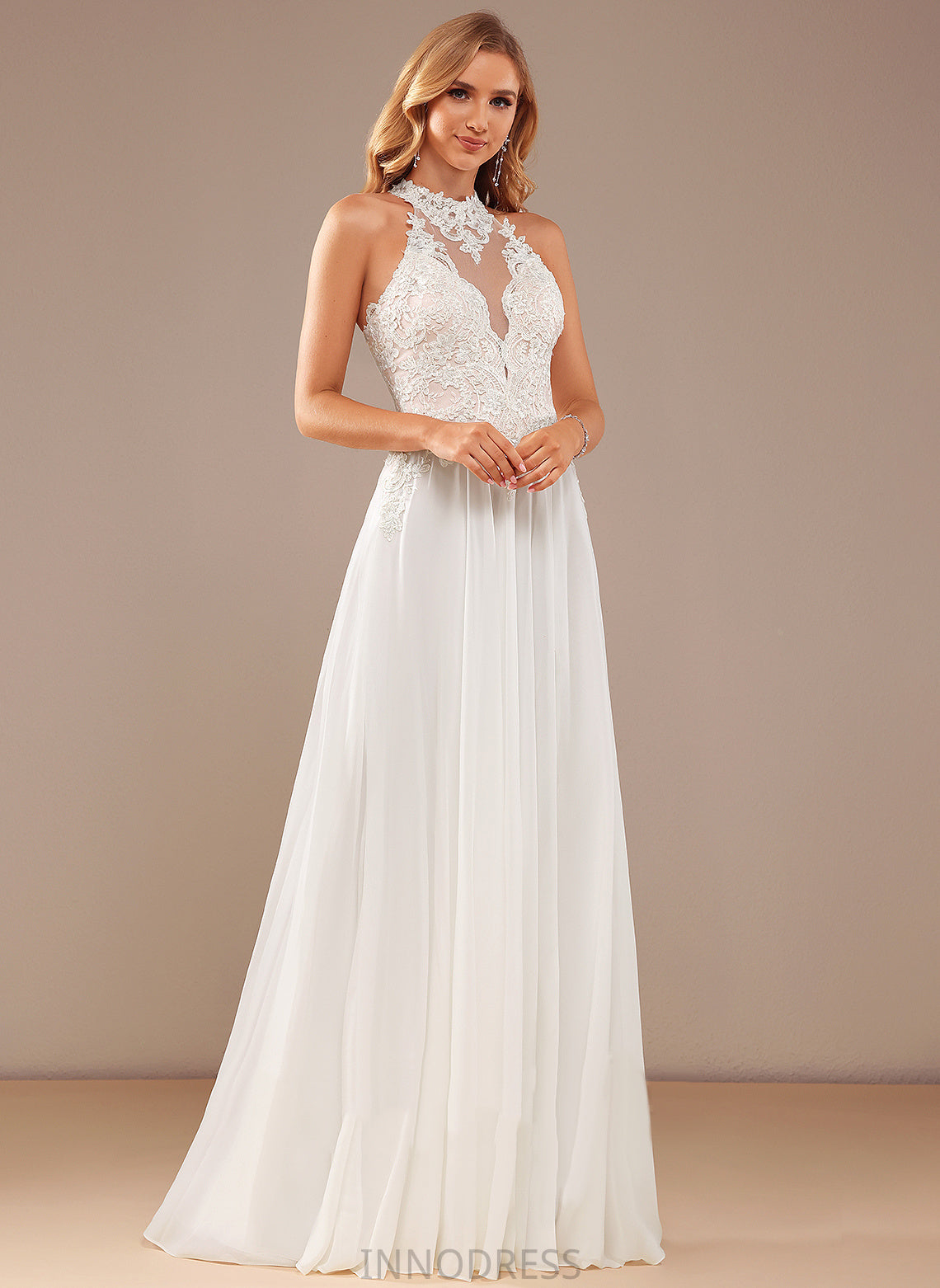 Lace Sherry A-Line Wedding Dresses High Neck Sequins Floor-Length Dress With Chiffon Beading Wedding