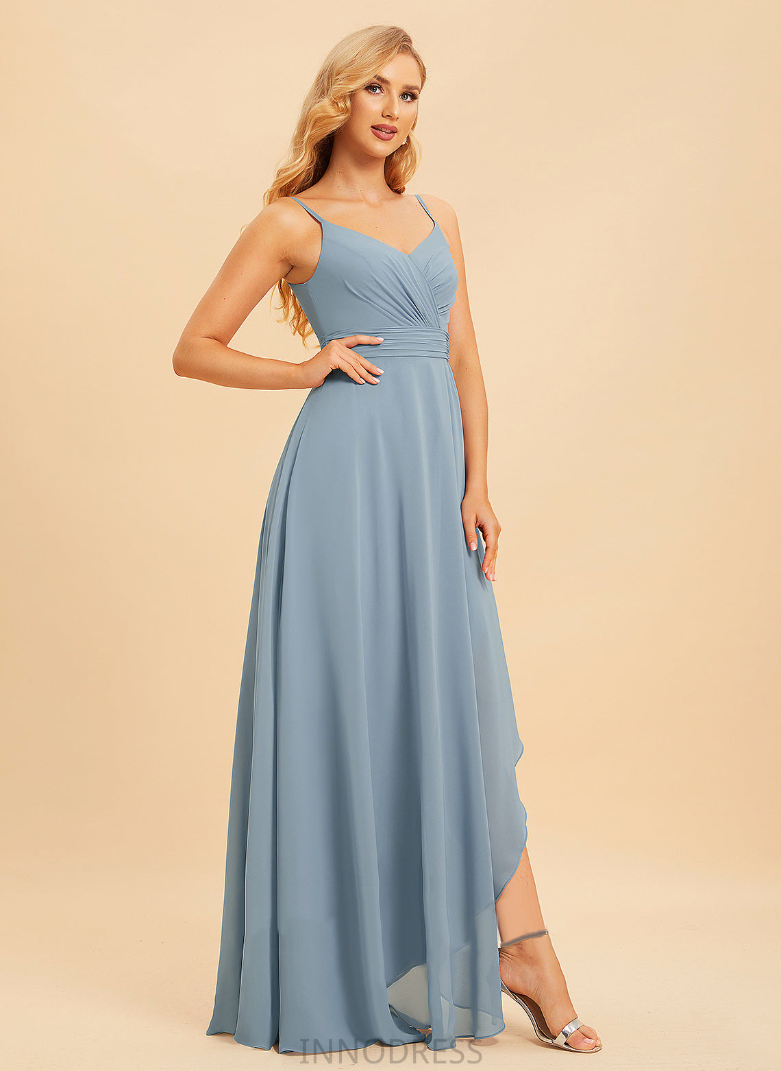 Ruffle V-neck Silhouette A-Line Fabric Embellishment Length Asymmetrical Neckline Ryan Sleeveless Floor Length Bridesmaid Dresses