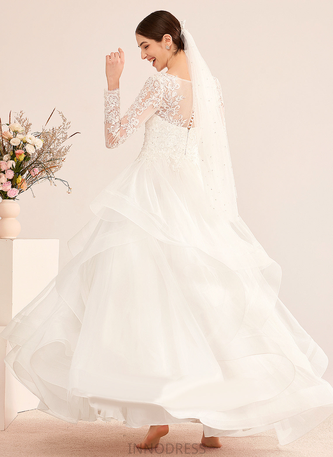 Wedding With Natasha V-neck Sequins Dress Lace Floor-Length Beading Tulle Ball-Gown/Princess Wedding Dresses