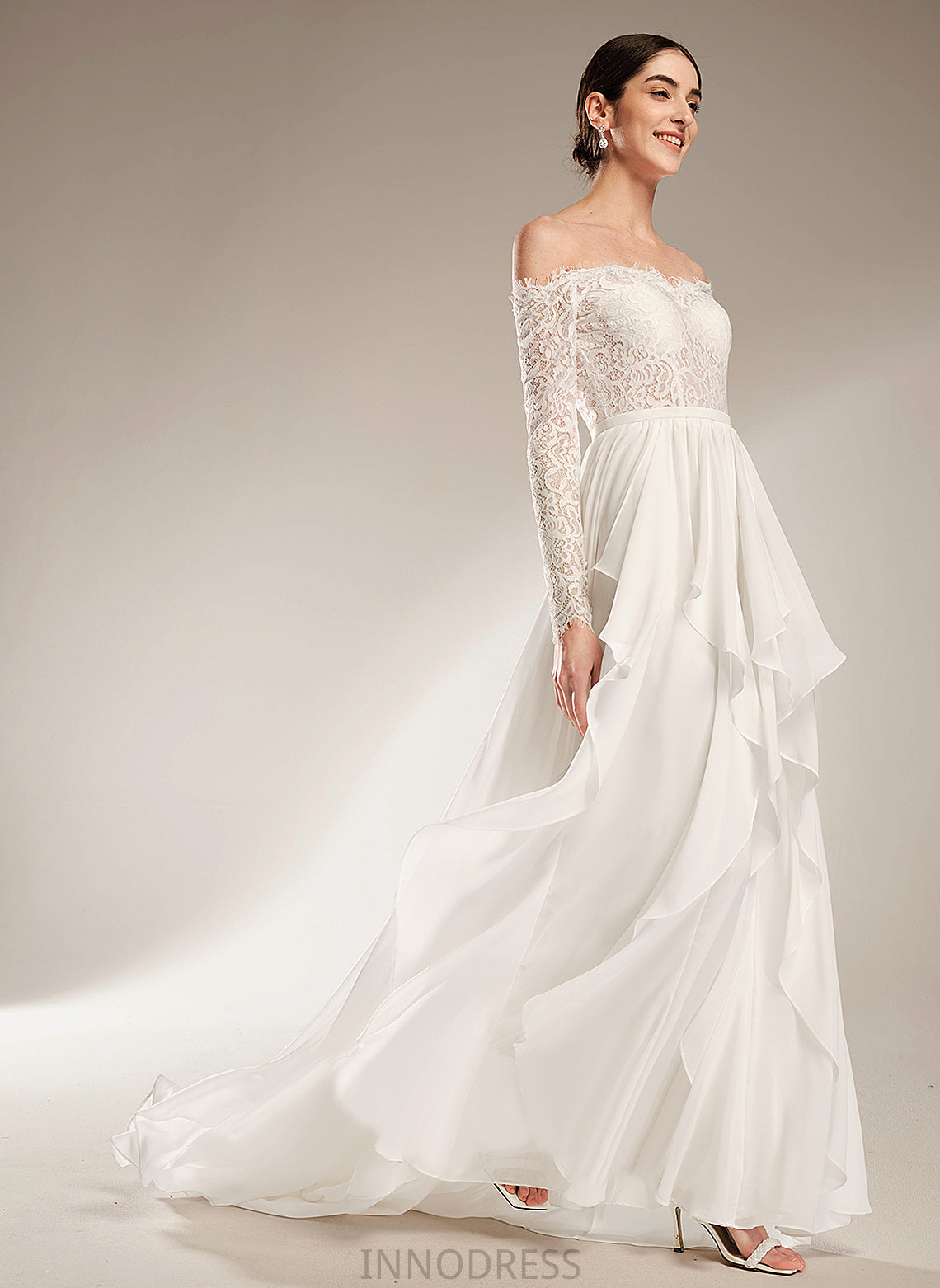 Wedding Dresses Court Off-the-Shoulder Dress Ruffle Lace Dominique With Train Chiffon A-Line Wedding