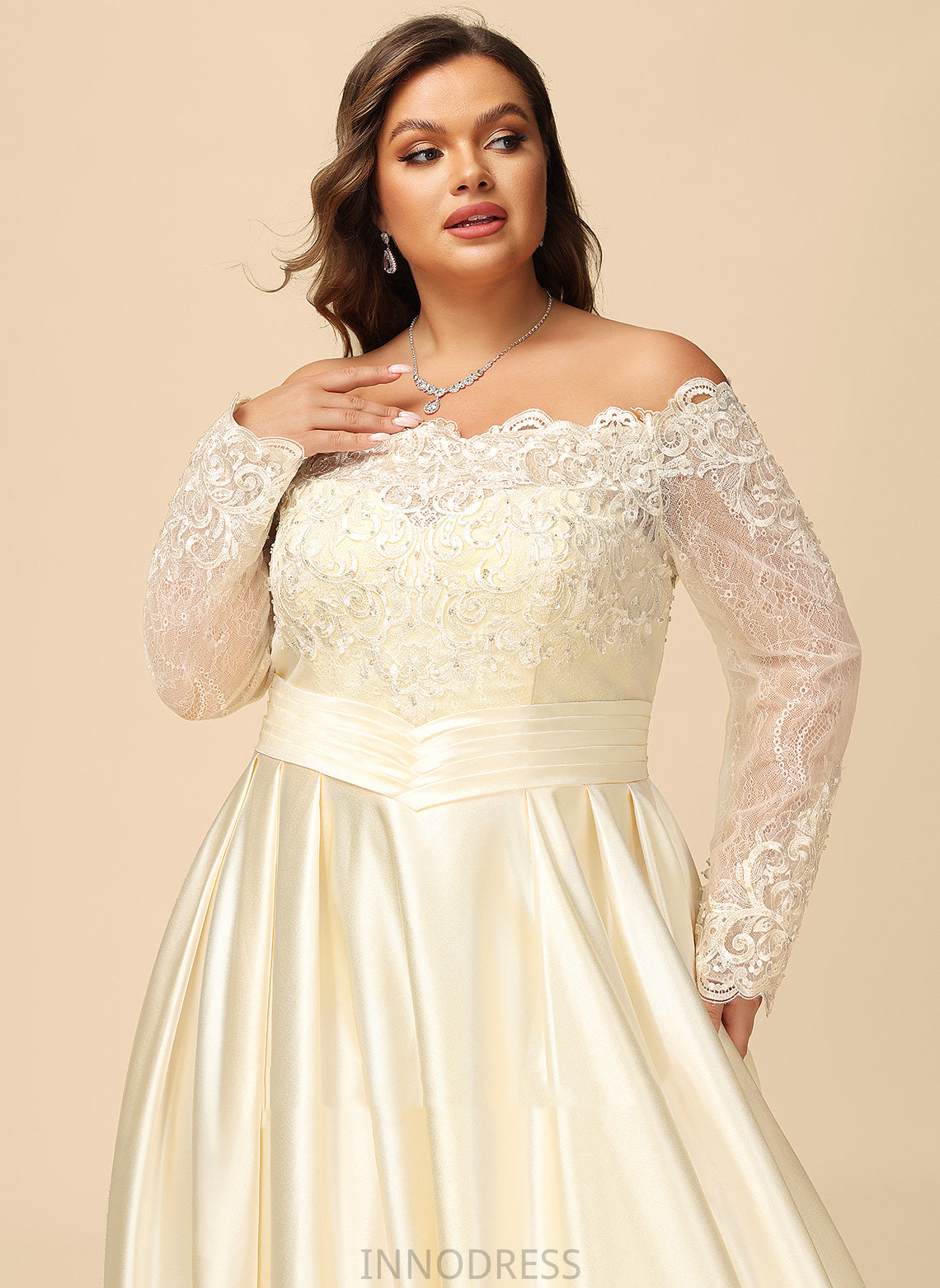 Ball-Gown/Princess Sequins Satin Train Evelyn Off-the-Shoulder With Lace Wedding Beading Sweep Dress Wedding Dresses