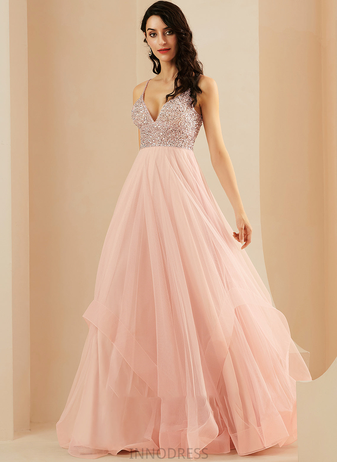 V-neck Beading Floor-Length Tulle Prom Dresses A-Line Heidy Sequins With