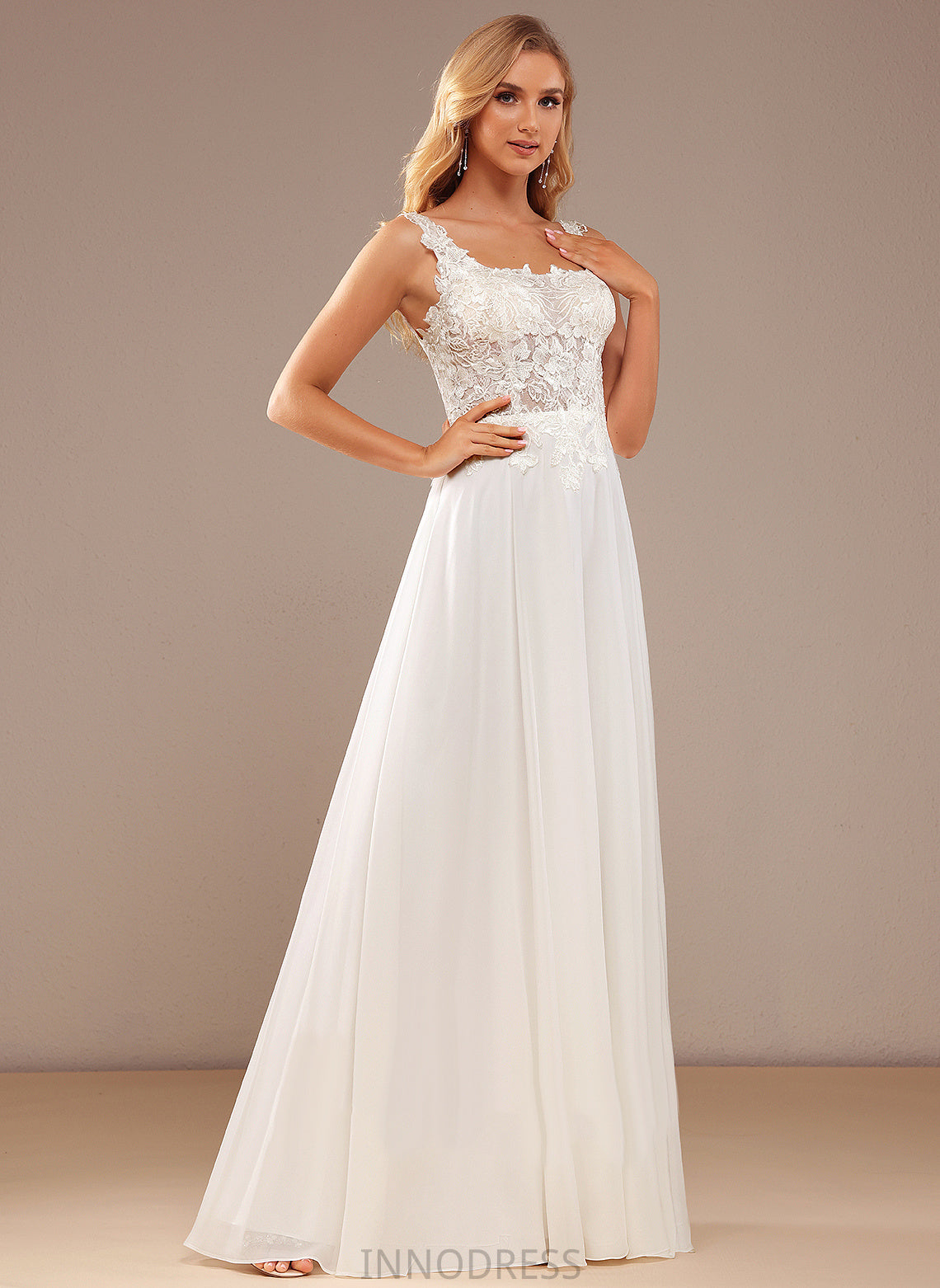 Floor-Length Wedding With A-Line Neckline Lace Lace Chiffon Haleigh Sequins Wedding Dresses Square Dress