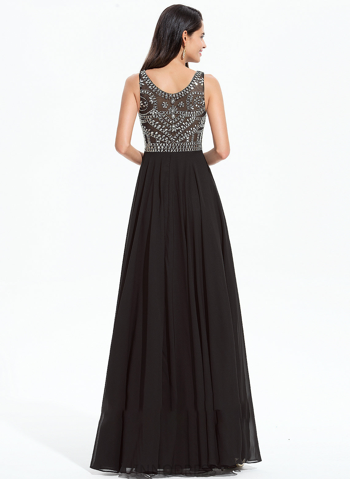 Claudia Neck Beading Floor-Length With Chiffon Scoop A-Line Prom Dresses Sequins