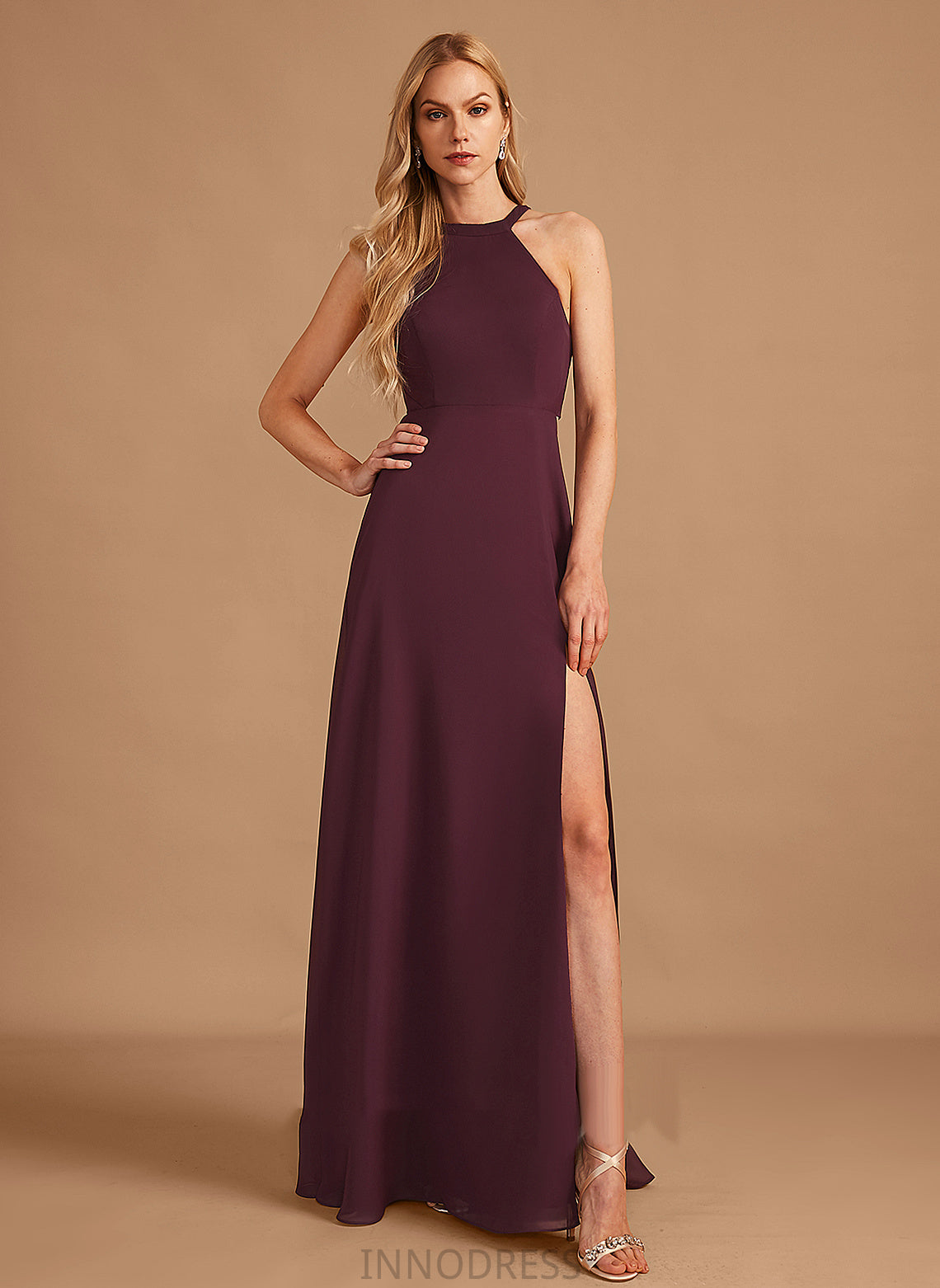 Neckline Floor-Length SplitFront Silhouette Length Embellishment Fabric HighNeck A-Line Laurel V-Neck Sleeveless Bridesmaid Dresses