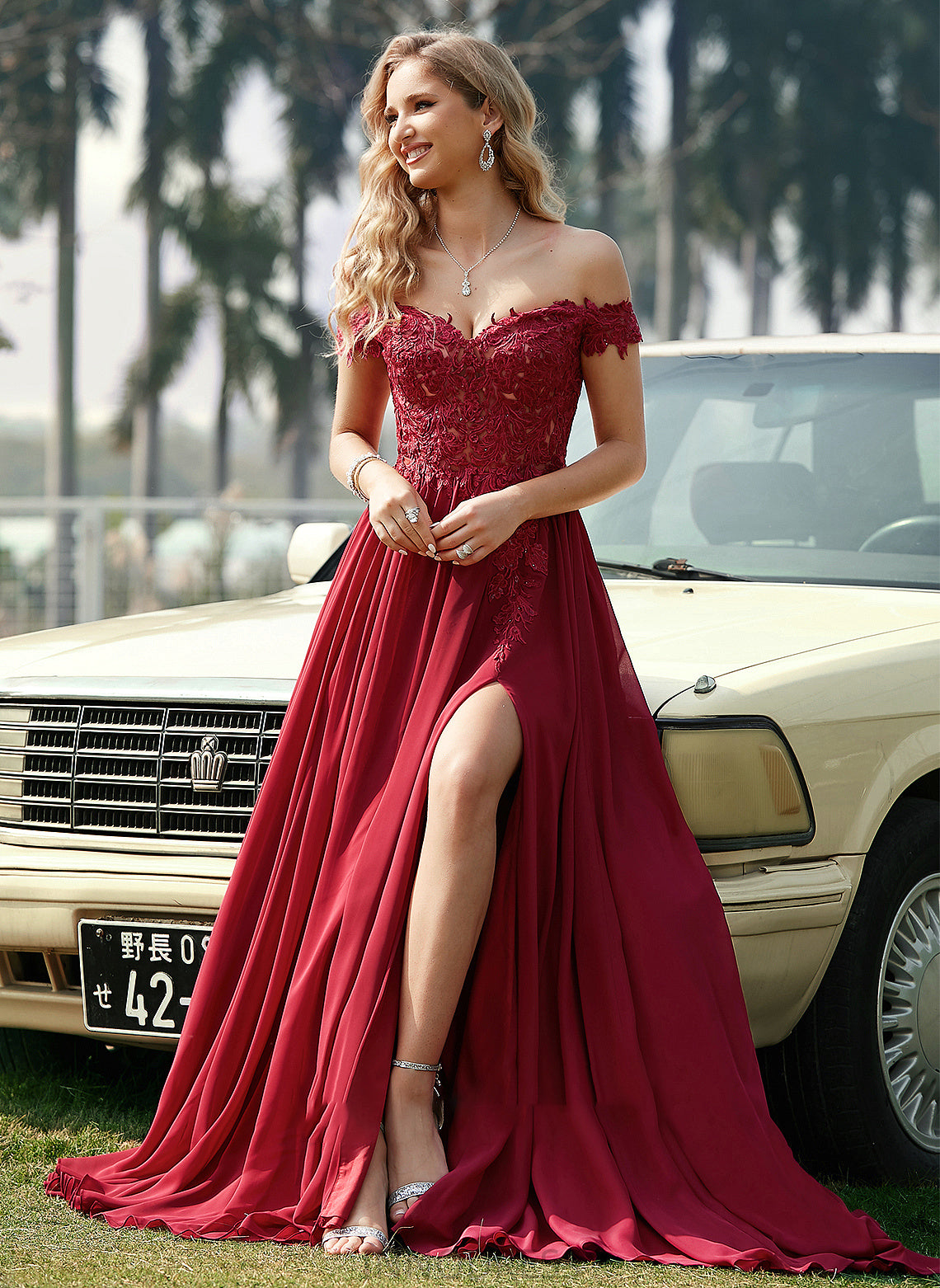 Prom Dresses A-Line Chiffon Nyla Sweep Sequins With Off-the-Shoulder Lace Train