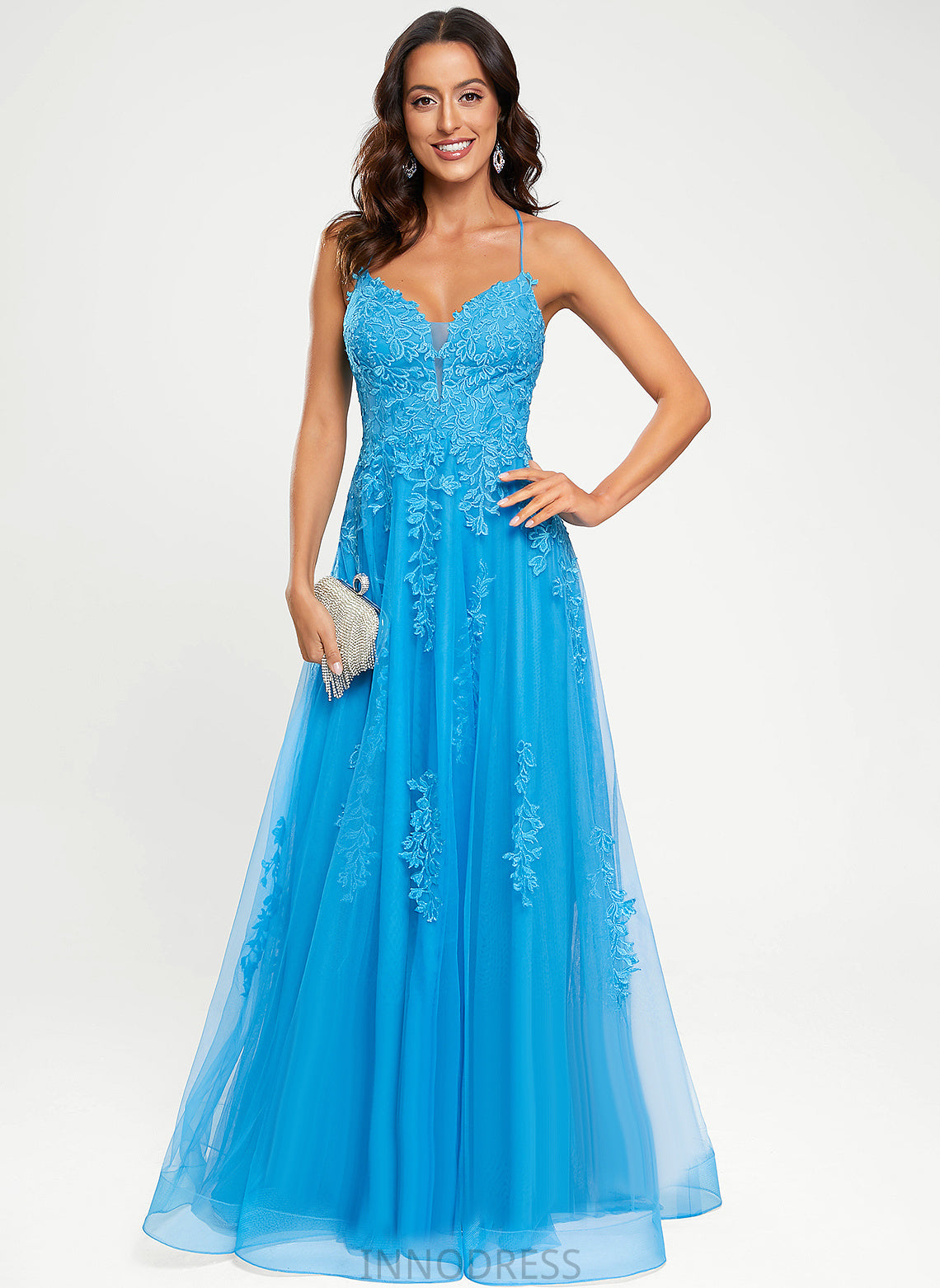 V-neck Tulle A-Line Floor-Length Jocelynn Prom Dresses