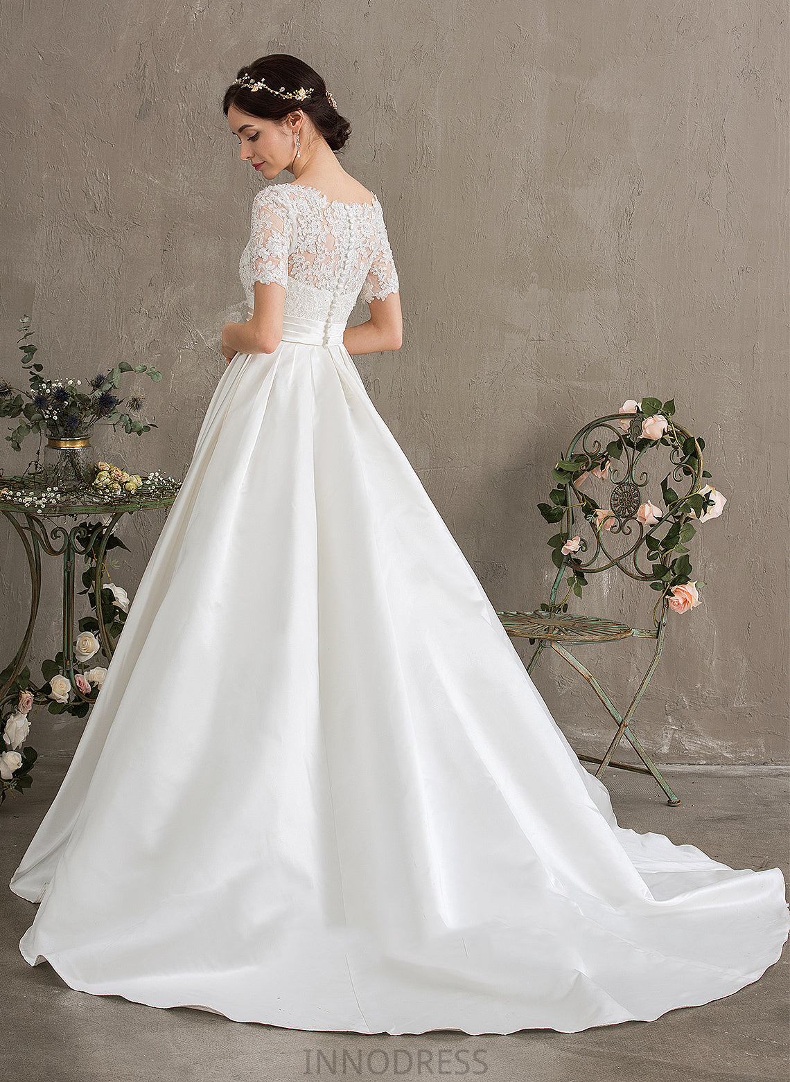 Satin Ball-Gown/Princess With Train Sequins Lace Dress Beading Pockets Cora Court Wedding Dresses Wedding