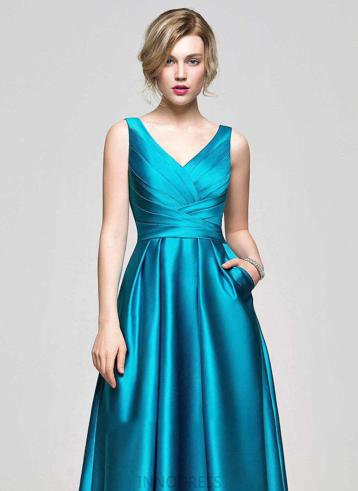 Ball-Gown/Princess Ruffle Pockets Floor-Length Satin Lilian V-neck With Prom Dresses