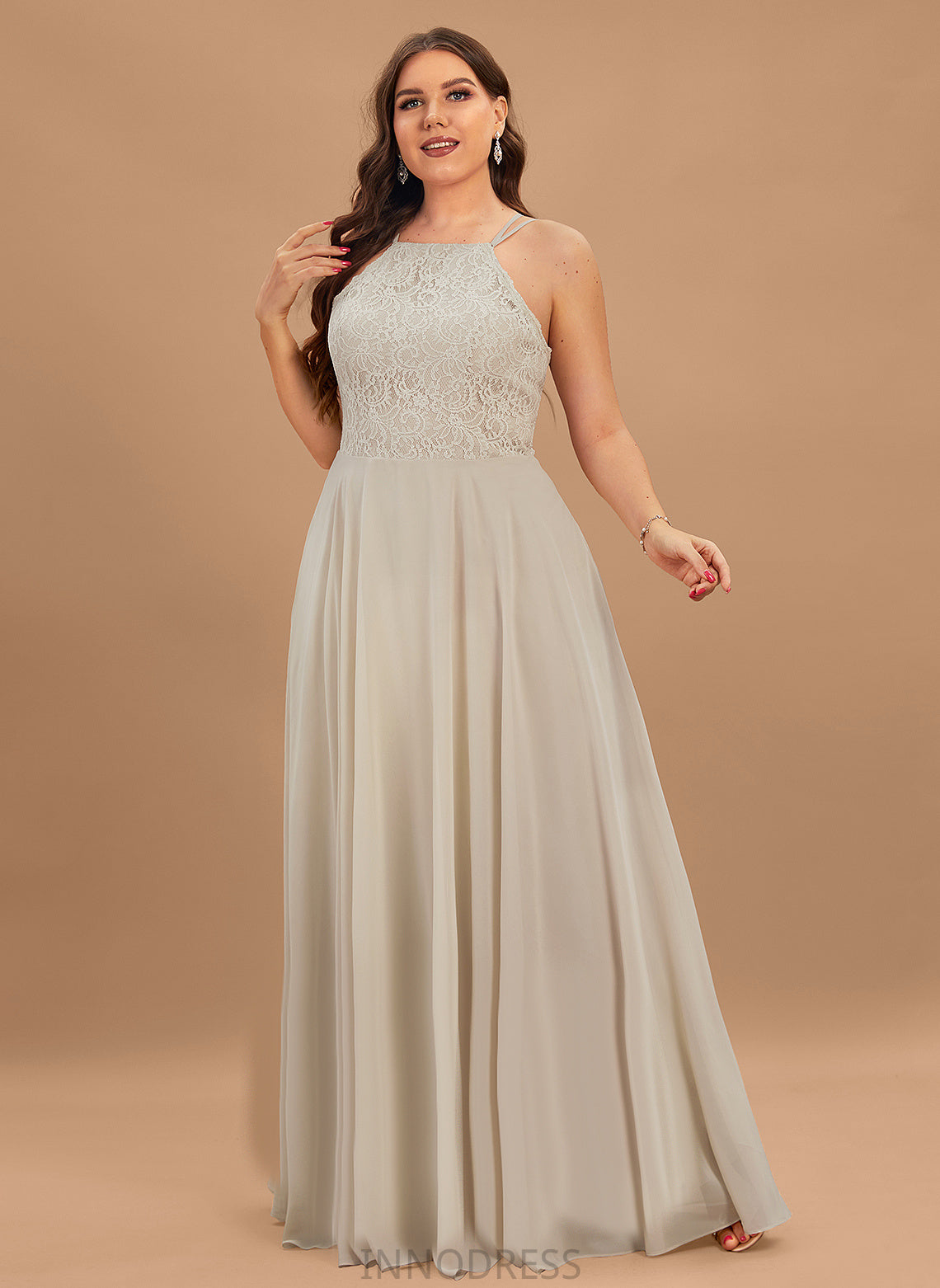 A-Line Fabric Silhouette Floor-Length Length Scoop Lace Neckline Straps&Sleeves Nell Sheath/Column Sleeveless Bridesmaid Dresses