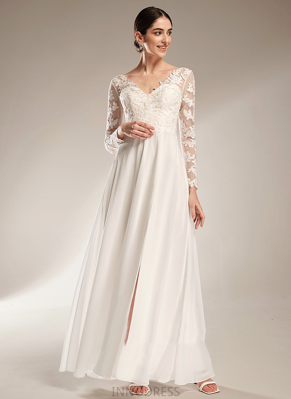 Wedding Wedding Dresses Lace Floor-Length Chiffon Dress A-Line V-neck Magdalena