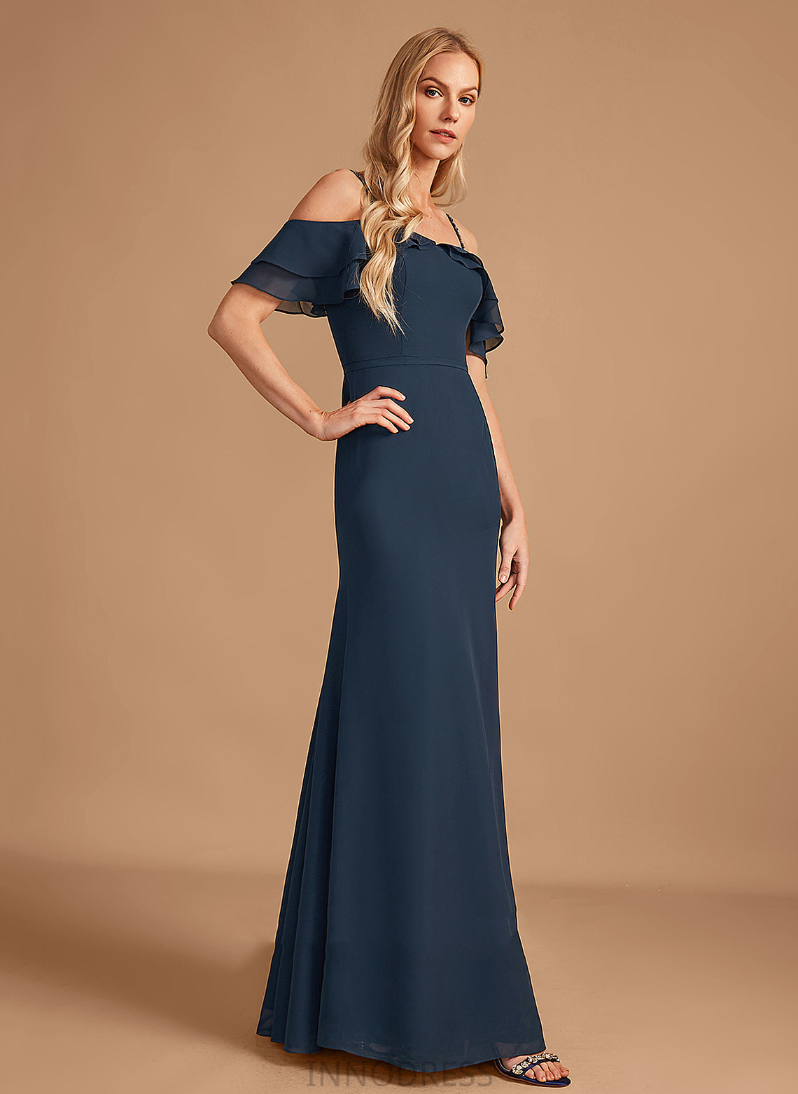 Beading Silhouette Embellishment Neckline Off-the-Shoulder Floor-Length Sheath/Column Fabric Ruffle Length Jaelynn Natural Waist Bridesmaid Dresses