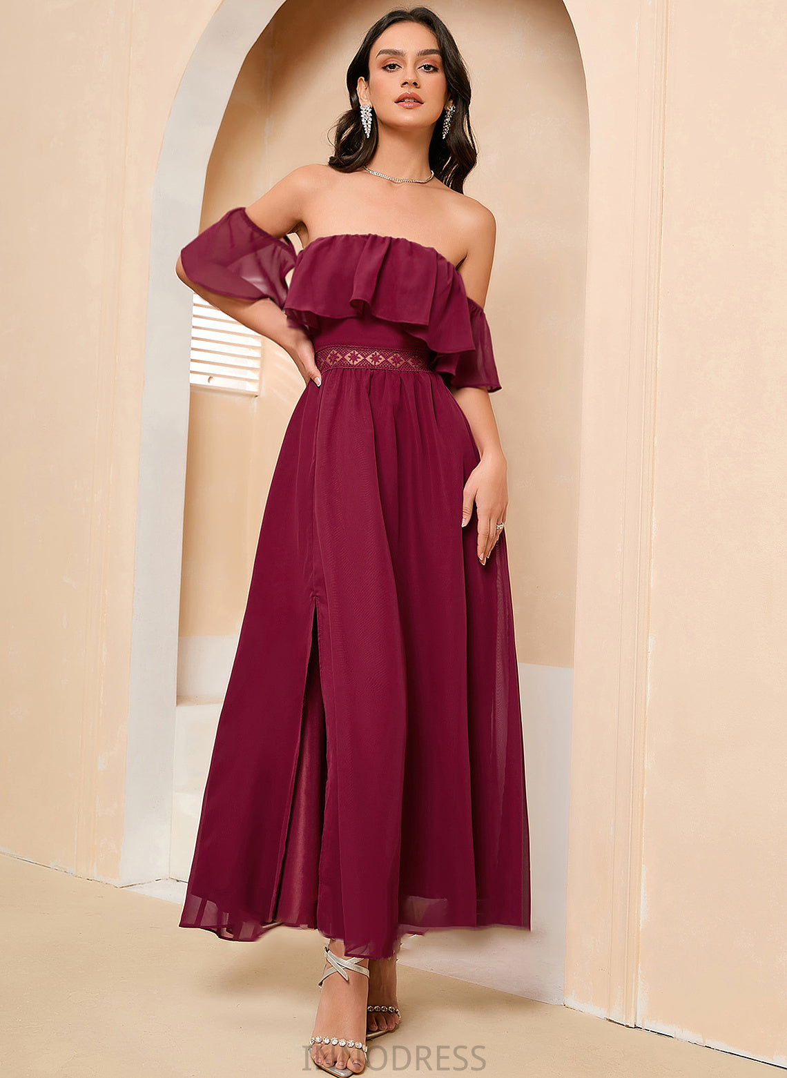 Split Front Riley Prom Dresses Ankle-Length Off-the-Shoulder A-Line With