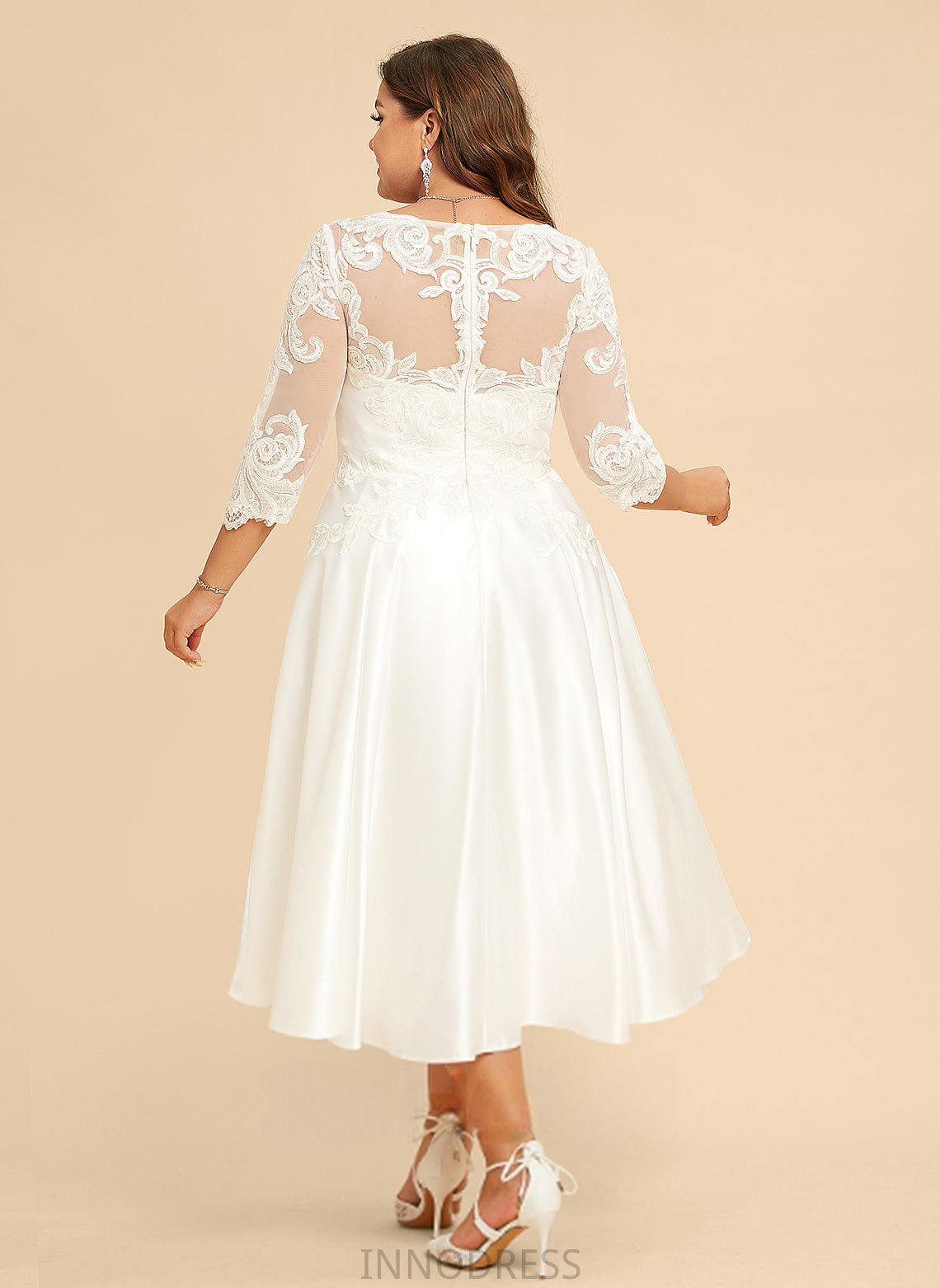 Sylvia Illusion Wedding Satin Wedding Dresses Tea-Length A-Line Lace Dress