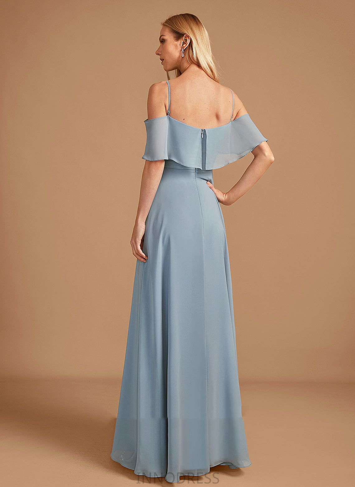 SplitFront Embellishment Length Neckline Ruffle Fabric Off-the-Shoulder A-Line Floor-Length Silhouette Emery Sleeveless Bridesmaid Dresses