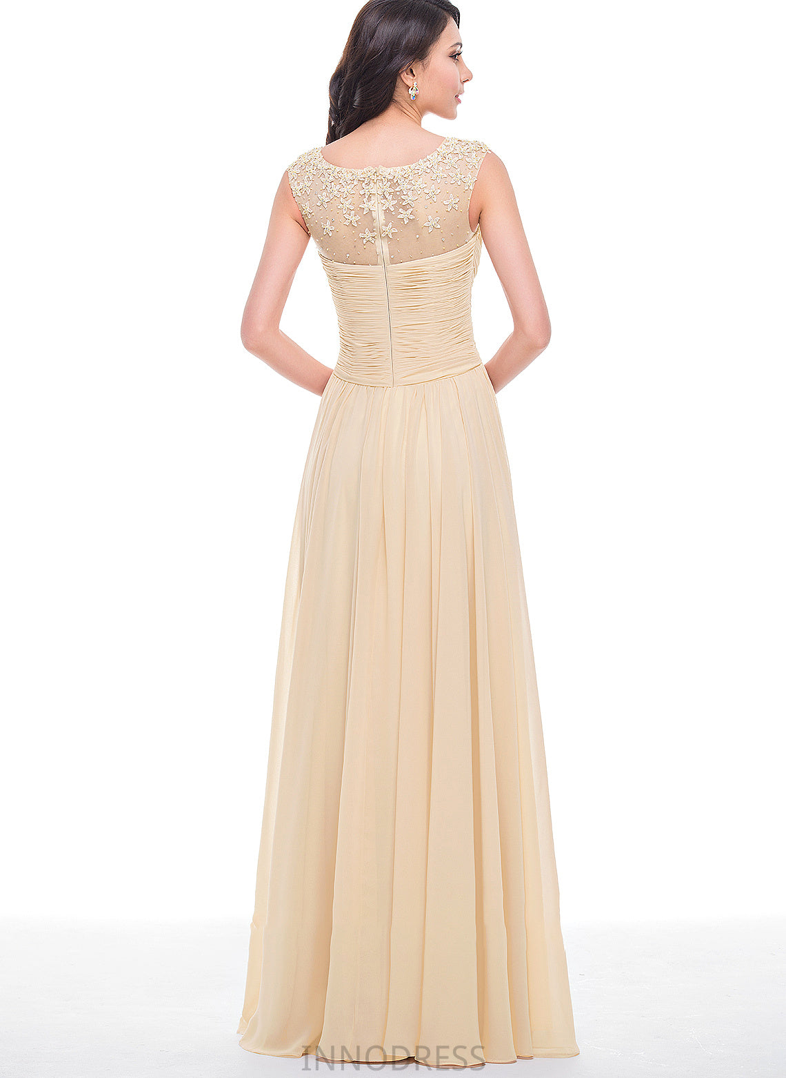 Prom Dresses A-Line Scoop With Flower(s) Floor-Length Neck Chiffon Ruffle Beading Nora