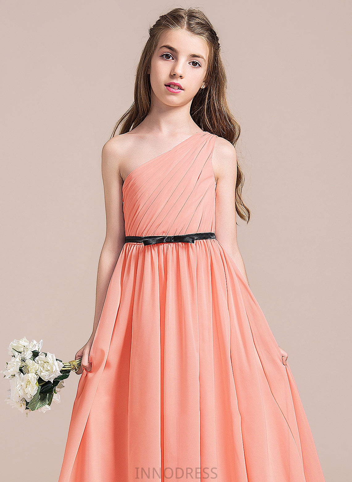 With Ruffle Floor-Length A-Line Junior Bridesmaid Dresses One-Shoulder Chiffon Jessica Bow(s)