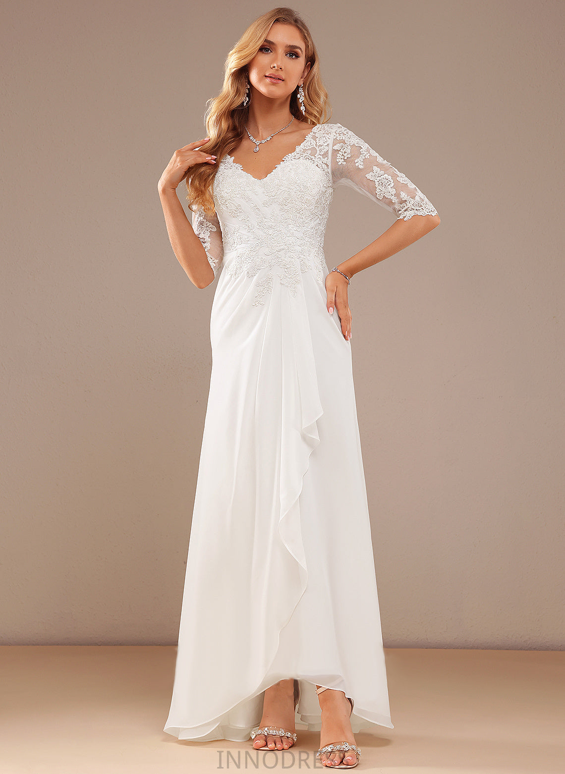 Ruffle Chiffon Wedding Dresses Asymmetrical A-Line Olga Lace With Wedding Dress V-neck