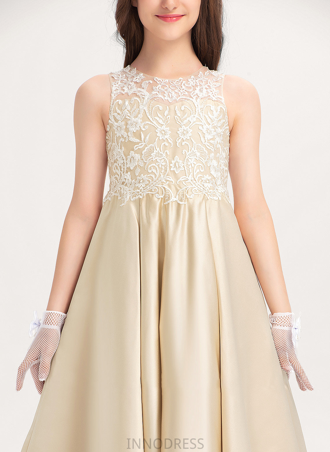 Scoop Satin Ball-Gown/Princess Lace Floor-Length Junior Bridesmaid Dresses Anabel Neck