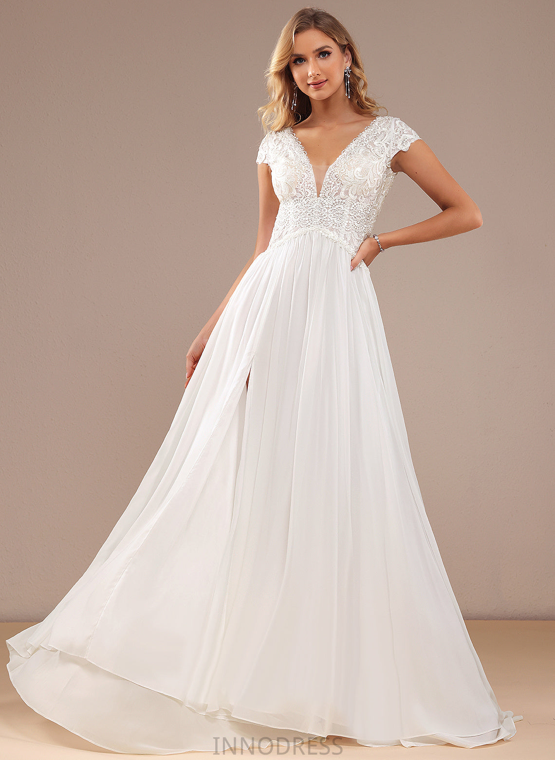 Chiffon Wedding V-neck Lace Dress Stella Front Train Sweep Wedding Dresses Lace A-Line With Split