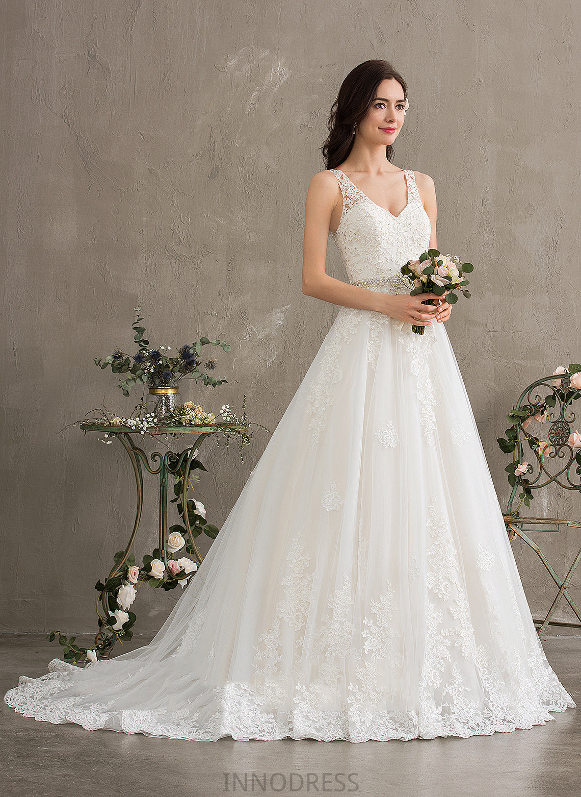 Beading Ball-Gown/Princess Lace With Tulle V-neck Wedding Train Court Dress Sequins Wedding Dresses Jasmine