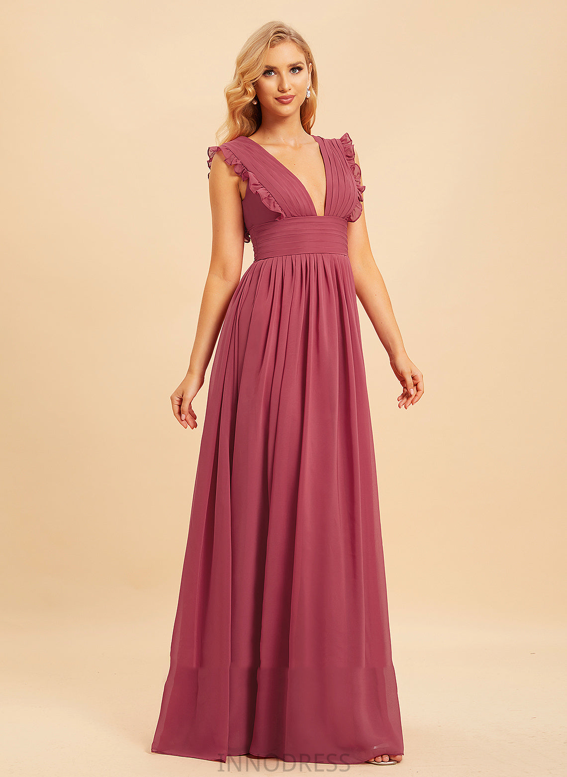 A-Line Neckline Fabric Ruffle Silhouette Floor-Length Length V-neck Embellishment SplitFront Marissa A-Line/Princess Bridesmaid Dresses