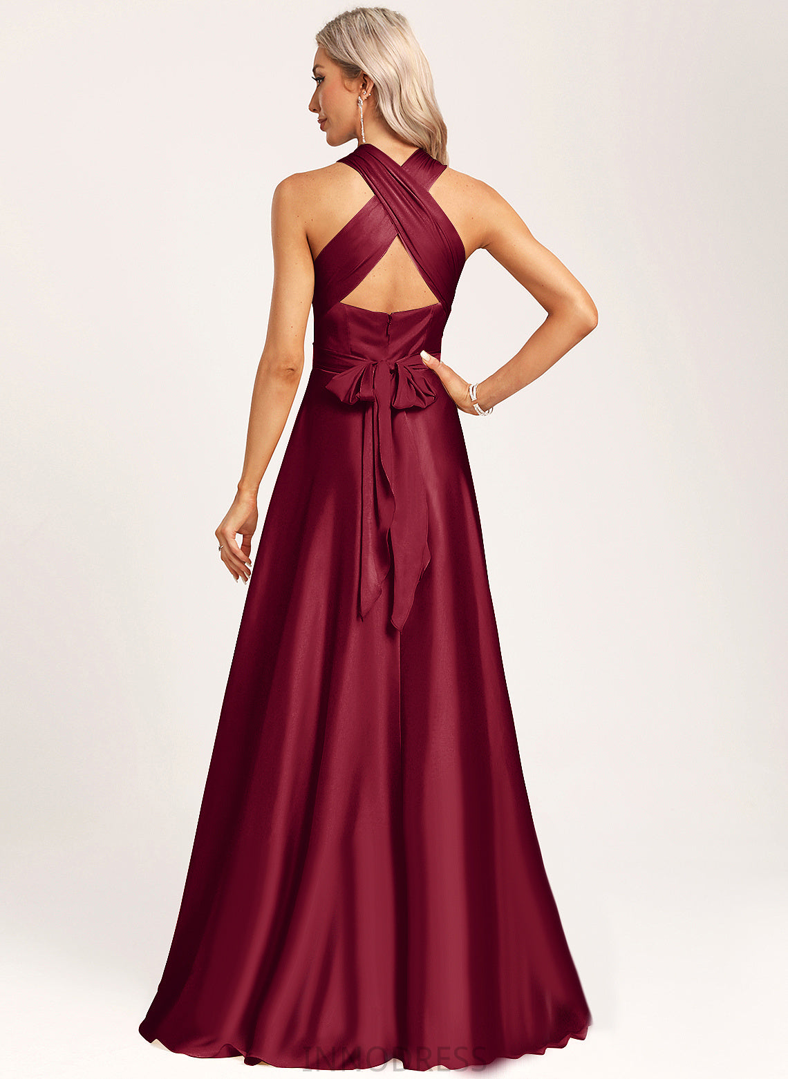 A-Line Neckline V-neck Fabric Halter Straps&Sleeves One-Shoulder Satin Length Silhouette Floor-Length Amani Bridesmaid Dresses