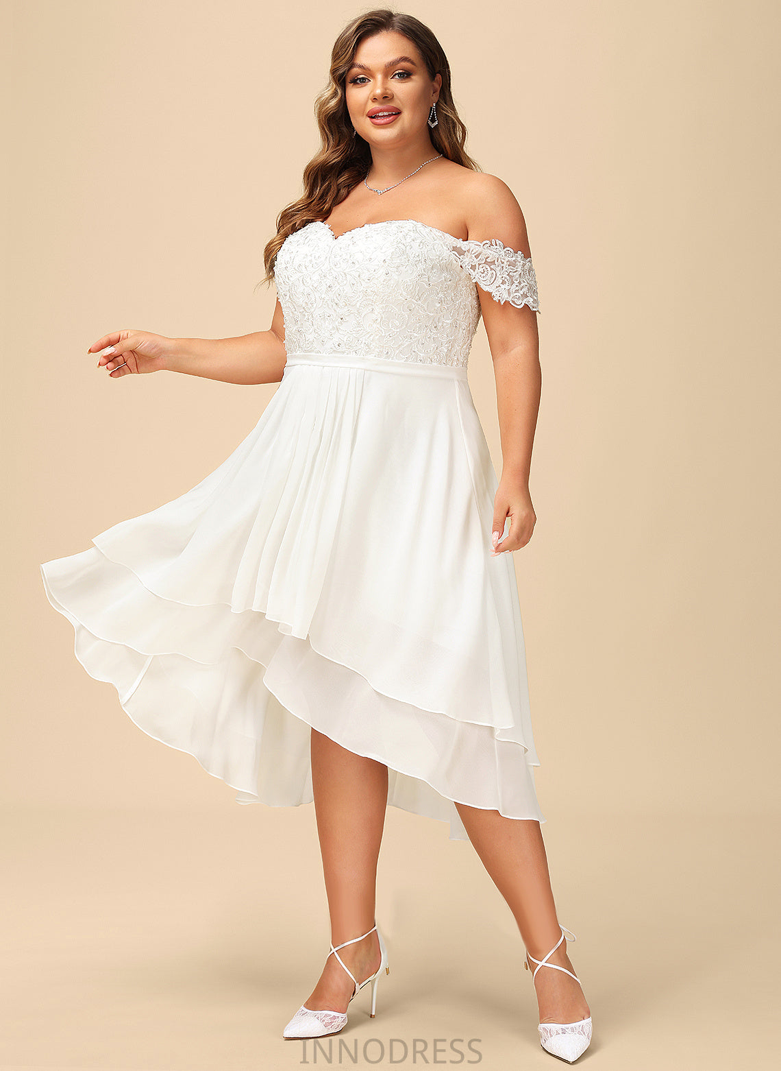 Dress Asymmetrical Tricia Off-the-Shoulder Lace Beading Sequins Wedding Dresses Chiffon Wedding A-Line With