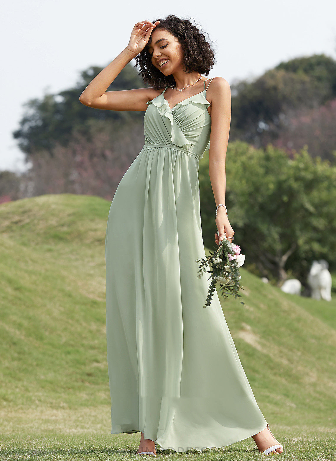 Embellishment Neckline Fabric A-Line Floor-Length Silhouette Length V-neck Ruffle Millie V-Neck Sleeveless Bridesmaid Dresses