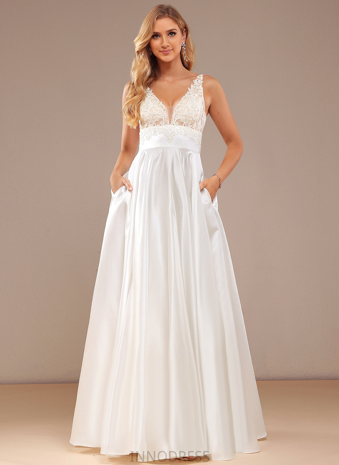 With Dress Ball-Gown/Princess Satin Kendall Lace Wedding Dresses Wedding Pockets Floor-Length Lace V-neck