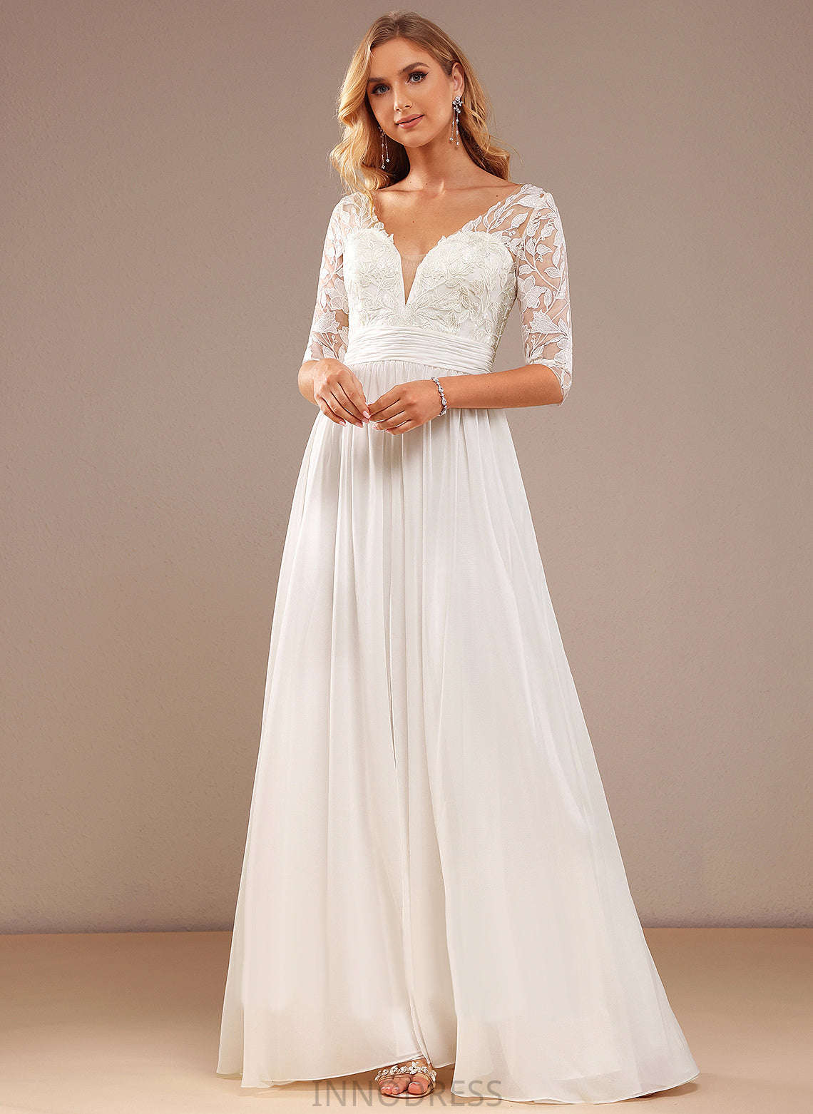 Ruffle A-Line Wedding Dresses With Chiffon Saige Dress Lace V-neck Lace Floor-Length Sequins Wedding