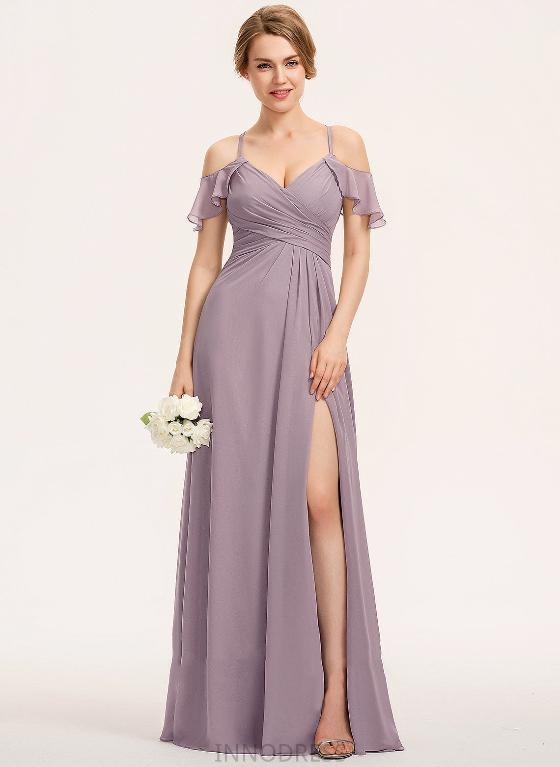 ColdShoulder Silhouette Floor-Length Neckline Length SplitFront CascadingRuffles Embellishment V-neck A-Line Fabric Ruffle Bridesmaid Dresses