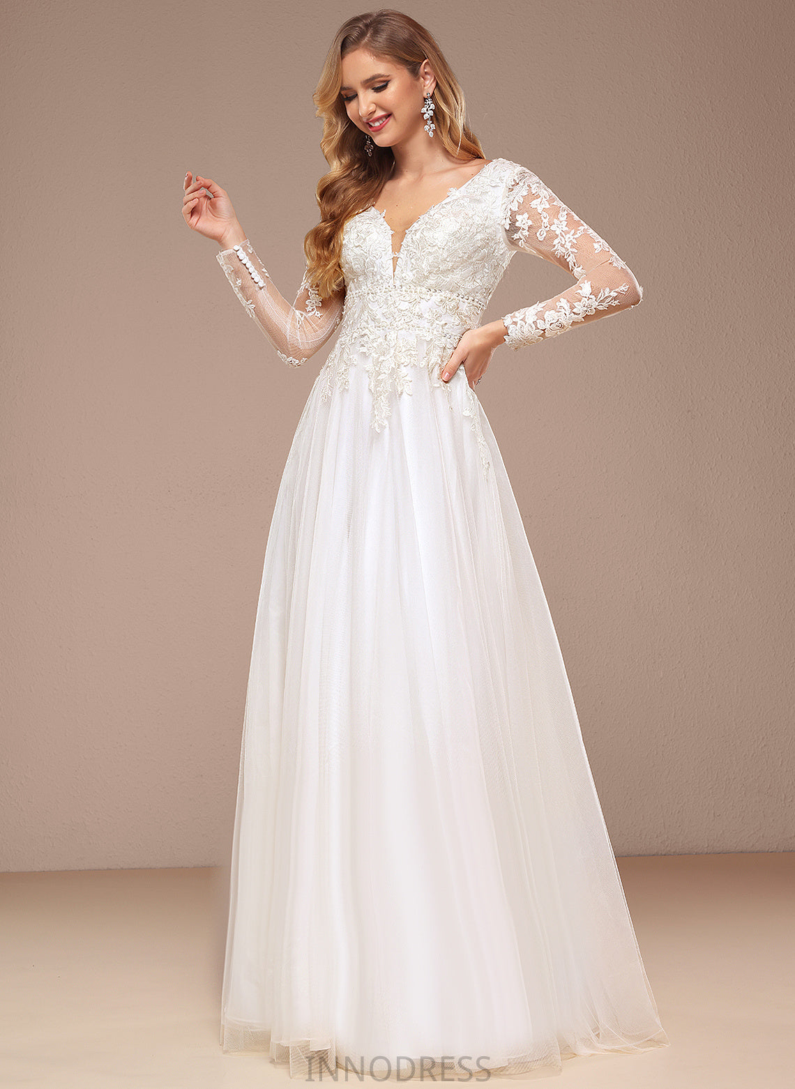 Beading A-Line Floor-Length Tulle V-neck Lace Wedding Dresses Jessica With Sequins Wedding Dress