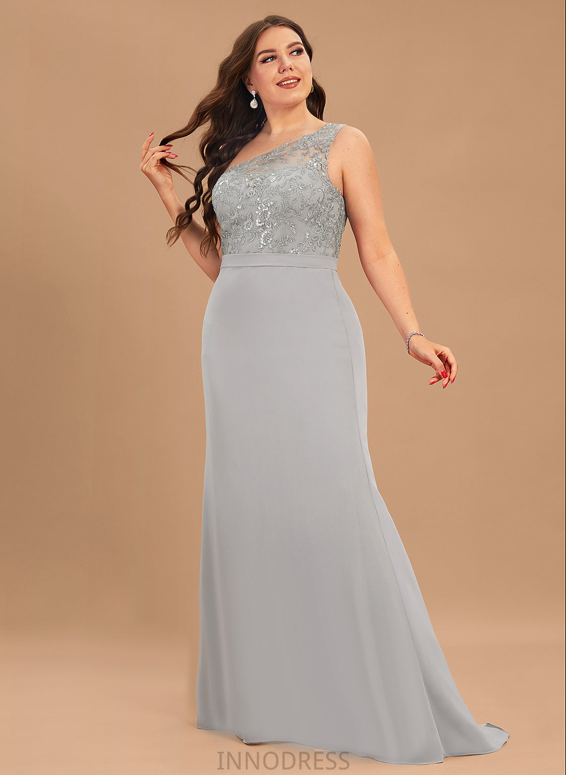 Neckline Sequins SweepTrain Trumpet/Mermaid Embellishment One-Shoulder Silhouette Length Fabric Kathryn Floor Length Sleeveless Bridesmaid Dresses