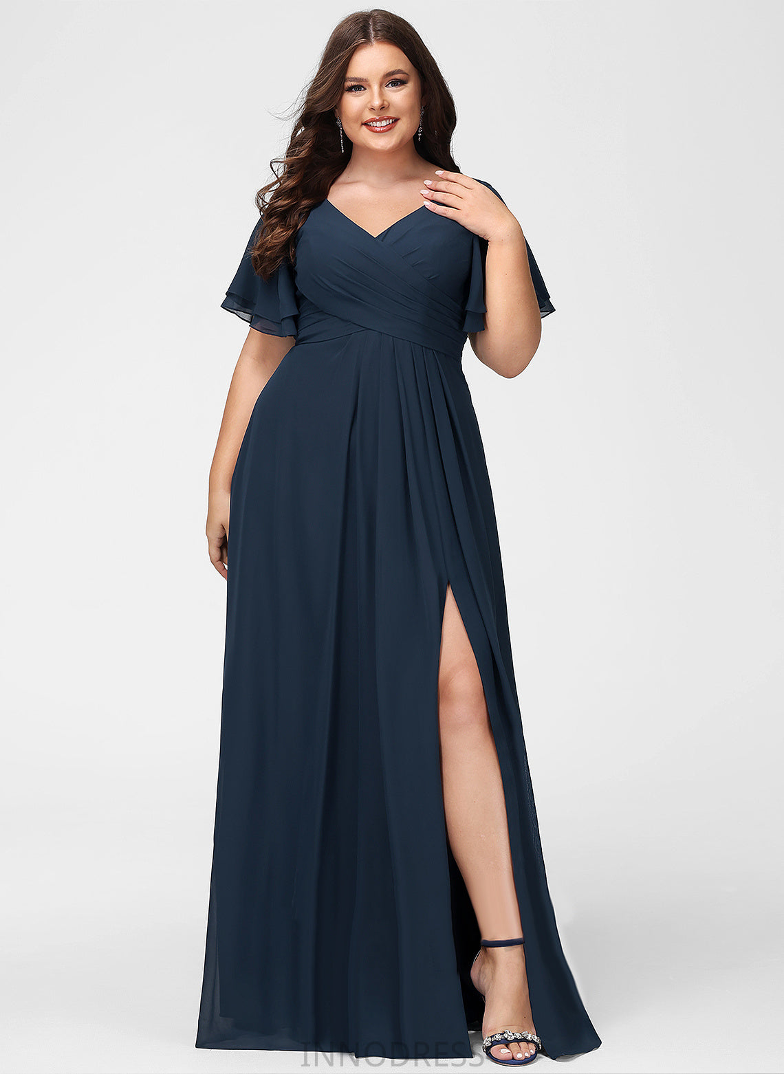 V-neck SplitFront Neckline Silhouette Length Embellishment Fabric A-Line Floor-Length Penelope A-Line/Princess Natural Waist Bridesmaid Dresses