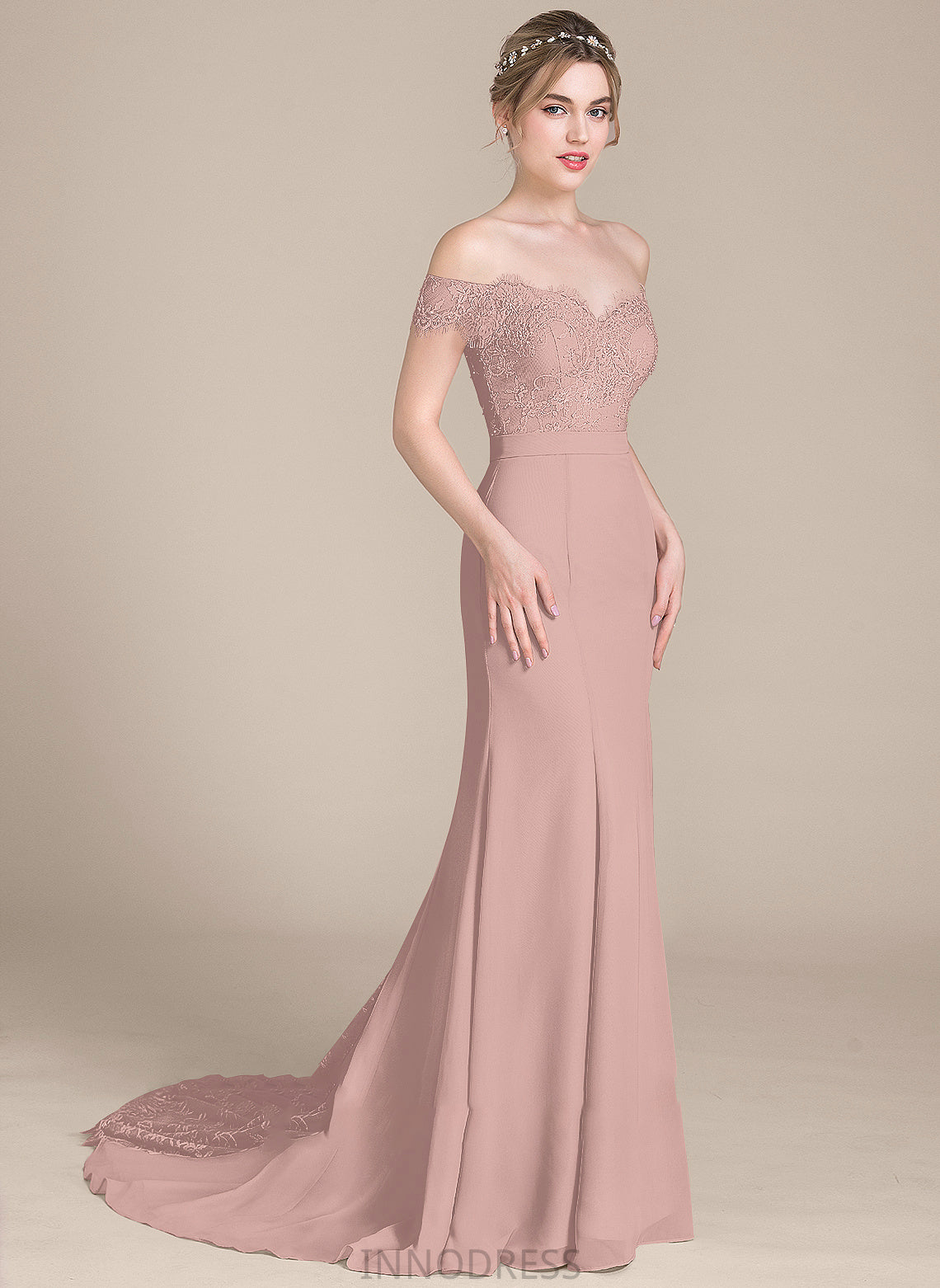 Court Prom Dresses Off-the-Shoulder Trumpet/Mermaid Train Lace Natalee With Chiffon Sequins