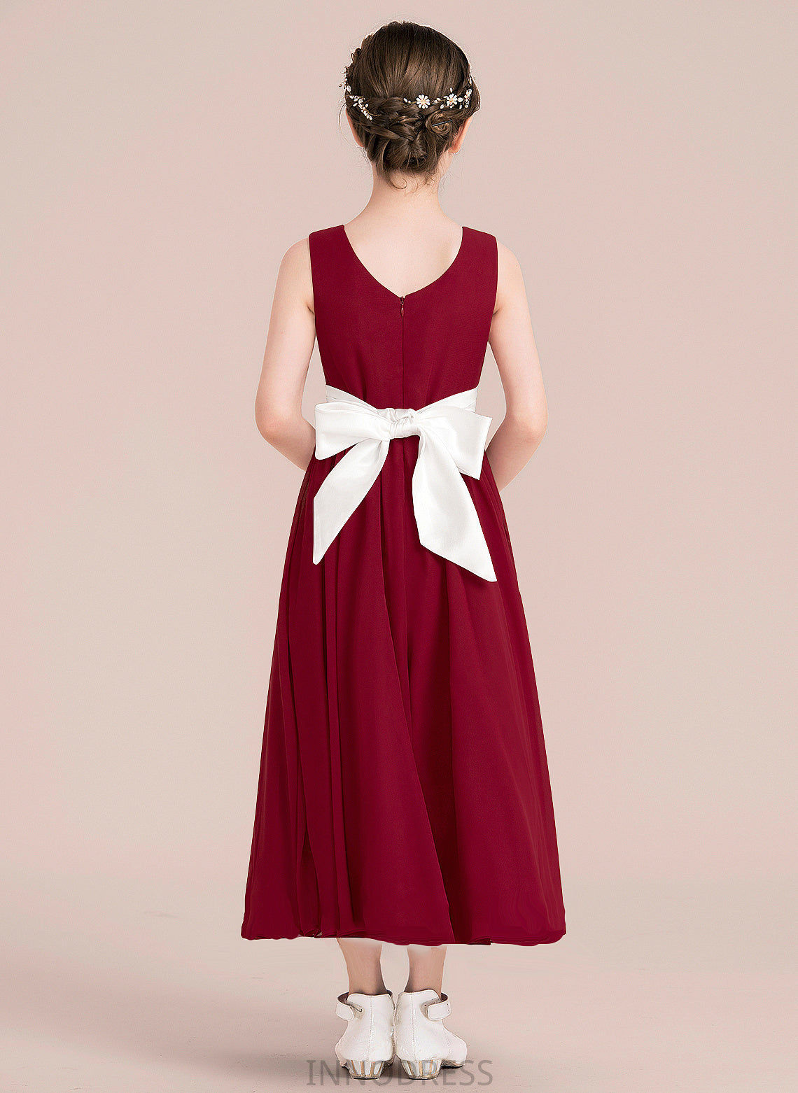 Scoop Neck Bow(s) Empire Chiffon Junior Bridesmaid Dresses With Ankle-Length Kamari Sash A-Line